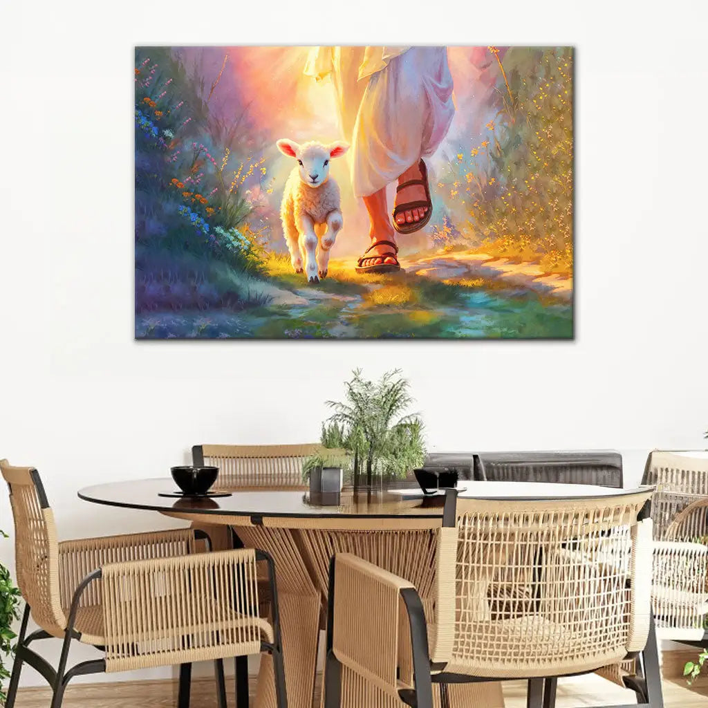 Faith-based wall art with Jesus and lamb, "Walking With Jesus," great religious decor for Christian homes.