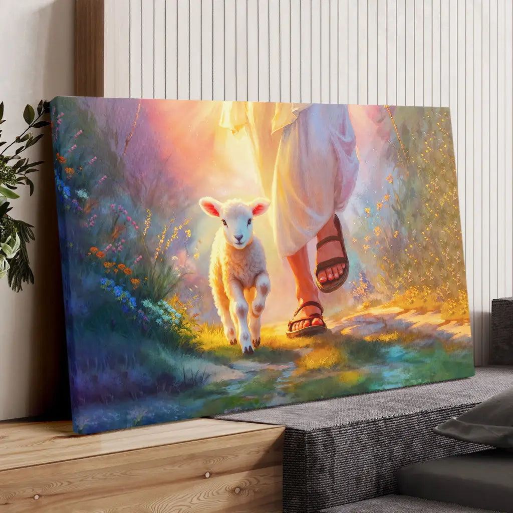 Inspirational wall art canvas print of Jesus walking with a lamb, ideal Christian gift for scripture-inspired homes.