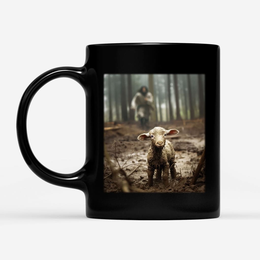 Inspirational mug with Jesus and a lamb image, perfect for Christian coffee lovers.