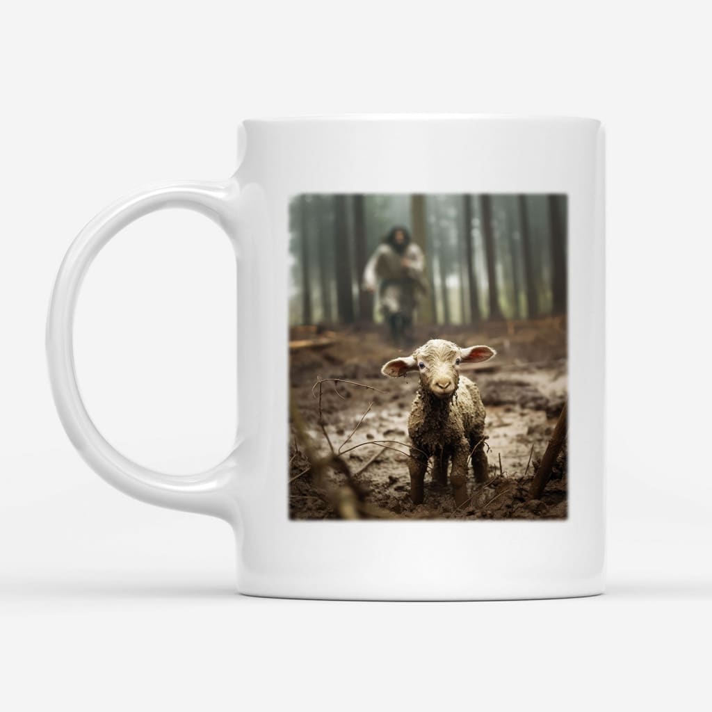 Mug with Jesus and a lost lamb illustration, perfect for Christian-themed gifts.