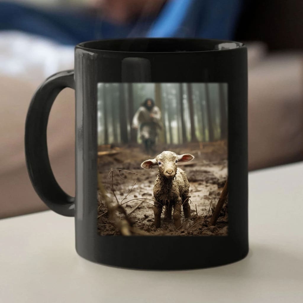 Jesus With The Sheep Jesus Running After Lamb Coffee Mug Black / 11 oz