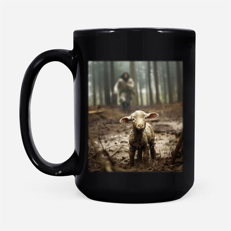 Jesus Running After the Lost Sheep, Jesus With the Sheep Coffee Mug Black / 15 Oz