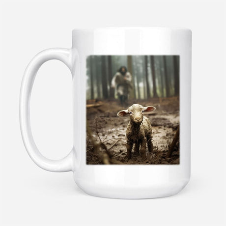 Mug featuring a picture of Jesus and a lamb, ideal for faith-filled daily use. White / 15 Oz