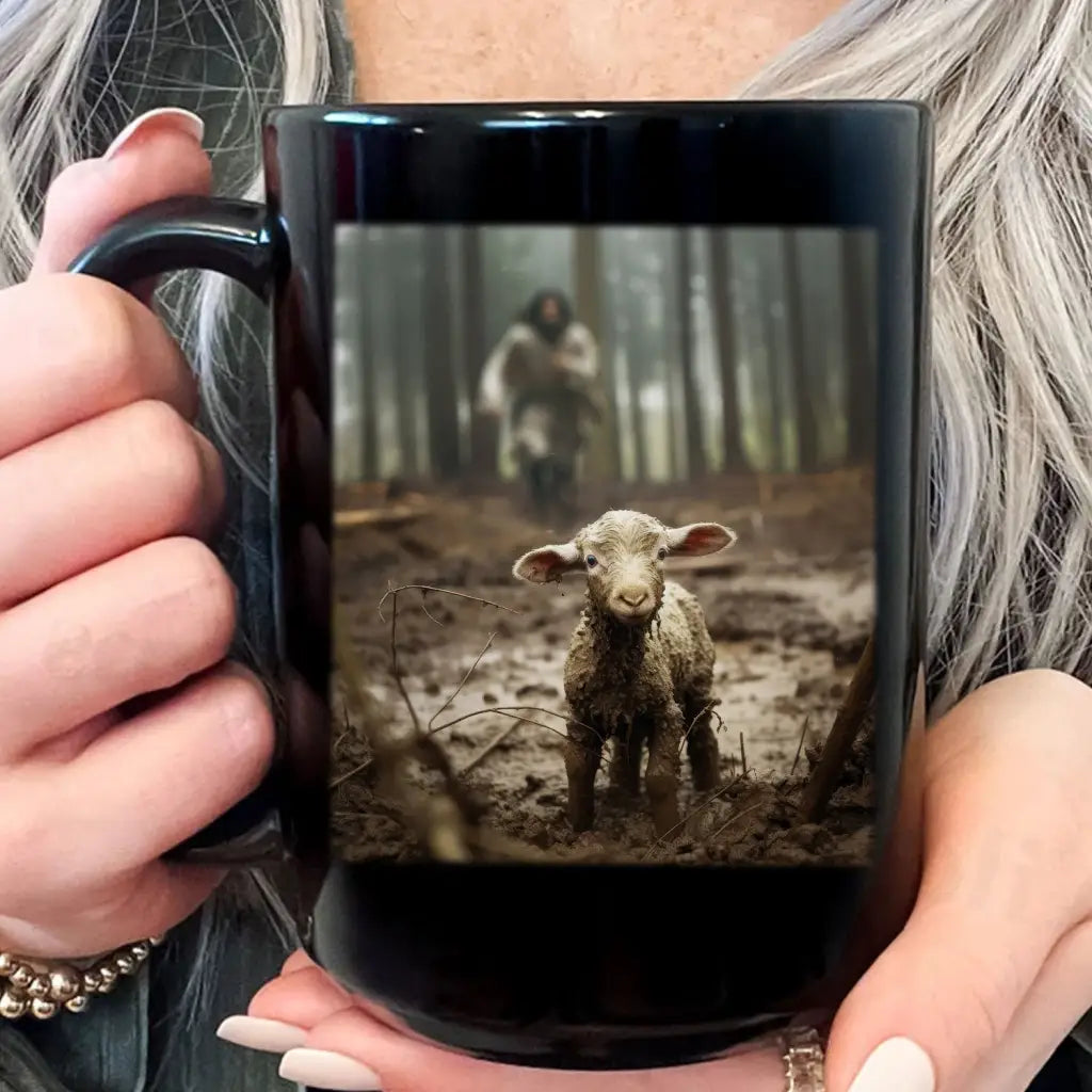 Christian coffee mug featuring Jesus running after a lost lamb, ideal for faith-based gifts.