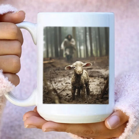 Faith-based coffee mug showing Jesus and a lamb, great for religious inspiration. White / 15 oz