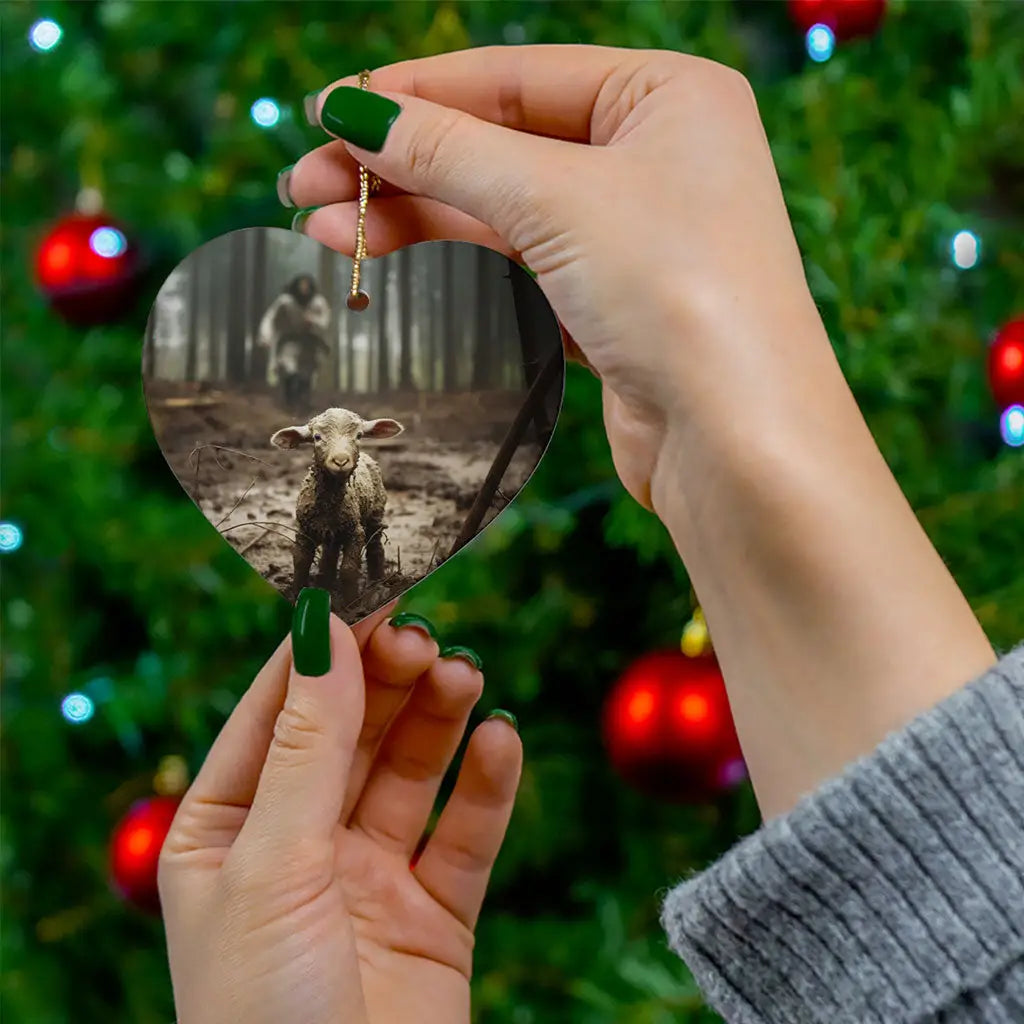 Christian Christmas ornament with Jesus and sheep, inspiring faith and love in holiday decor.