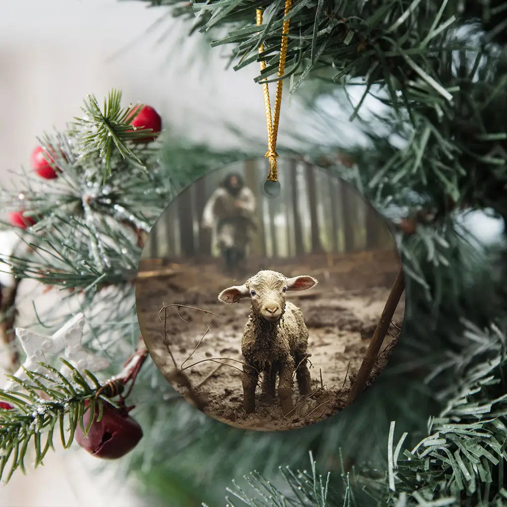 Inspirational Christmas ornament of Jesus and lamb, sharing faith and love in holiday decor.