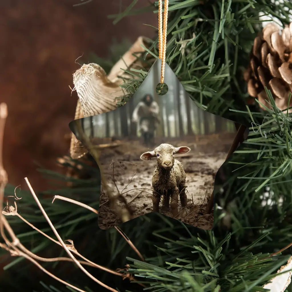 Jesus running after a lamb ornament, a faith-filled and inspirational Christian holiday decoration.