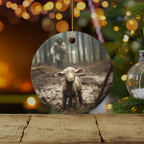 Faith-based ornament with Jesus and sheep, an inspirational Christian gift for Christmas decor.