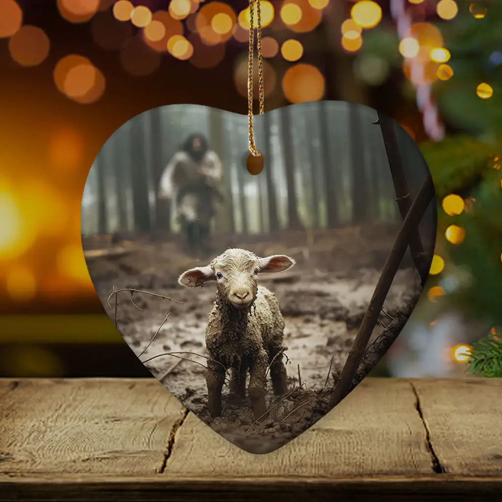 Faith-based Heart ornament featuring Jesus running after a lamb, a meaningful Christian gift.