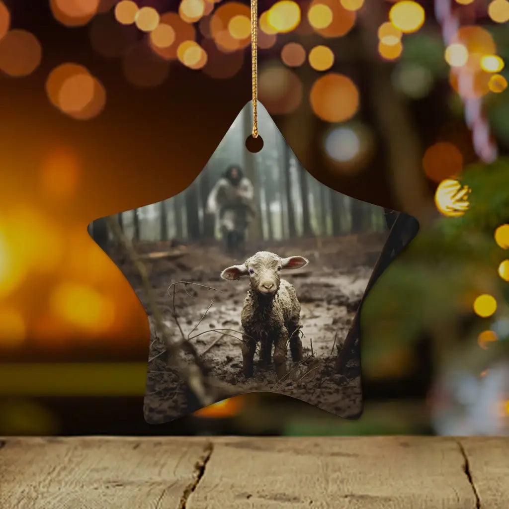 Star faith-based ornament of Jesus and lamb, an inspirational Christian gift for the holidays.