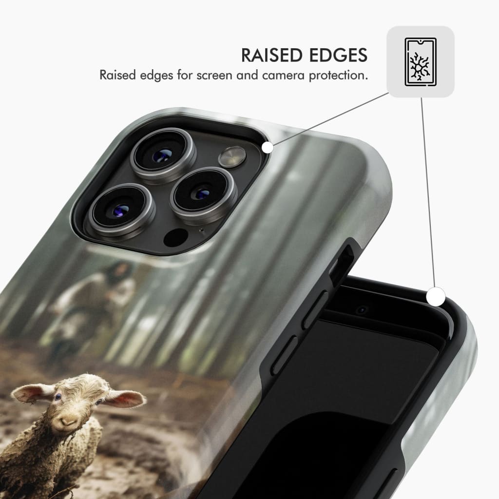 Faith-based phone case with Jesus and a lost lamb illustration, reflecting the biblical parable of the lost sheep for a meaningful accessory.