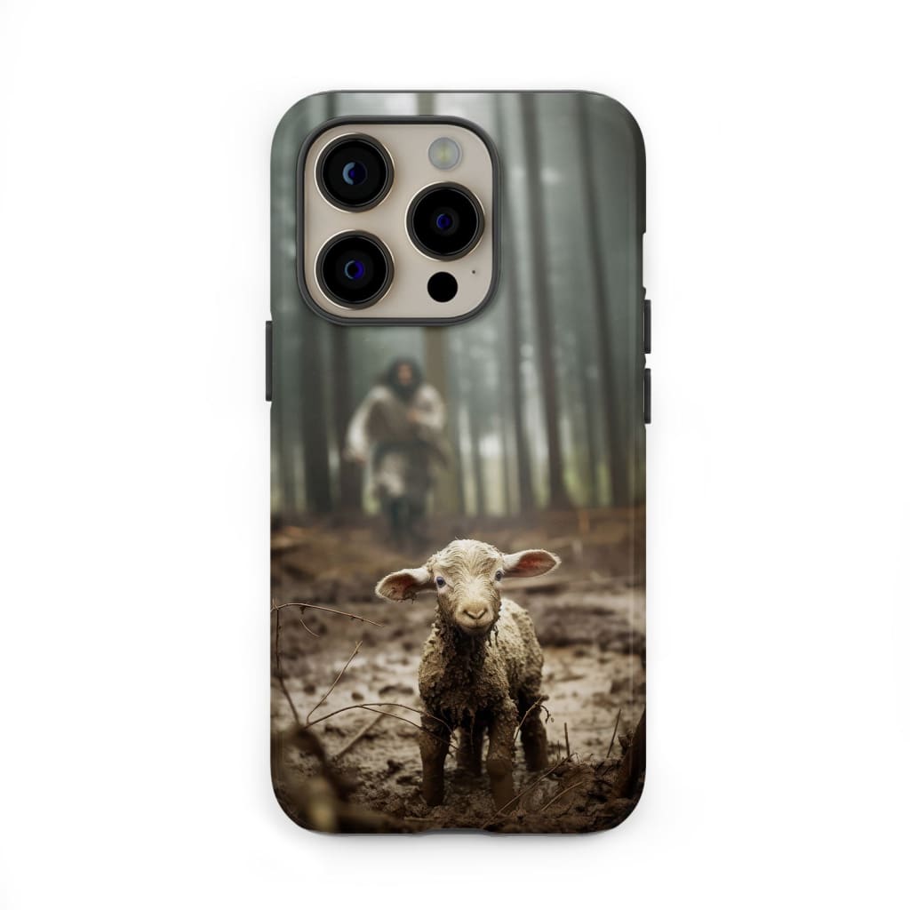 Phone case featuring Jesus running after a lamb, illustrating the parable of the lost sheep, ideal for Christian and faith-based accessories.