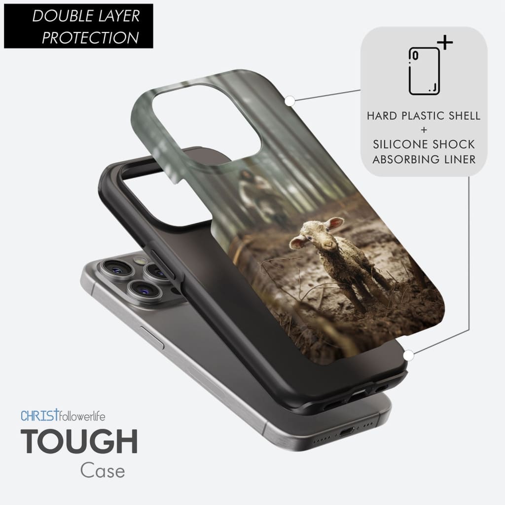 Inspirational phone case with Jesus and a lost sheep design, perfect for adding a touch of scripture to your daily essentials.