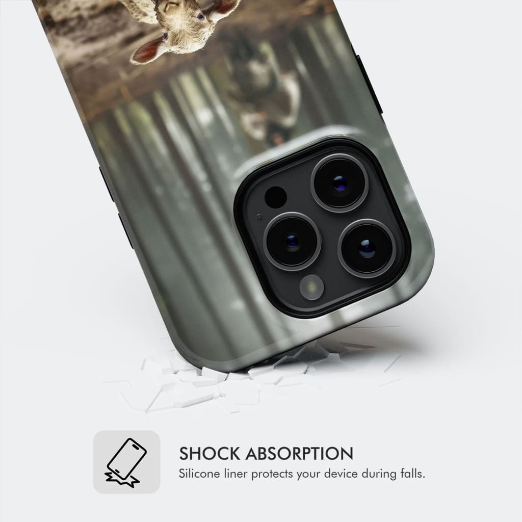 Phone case featuring the depiction of Jesus running after a lamb, ideal for those looking for spiritual and inspirational design.