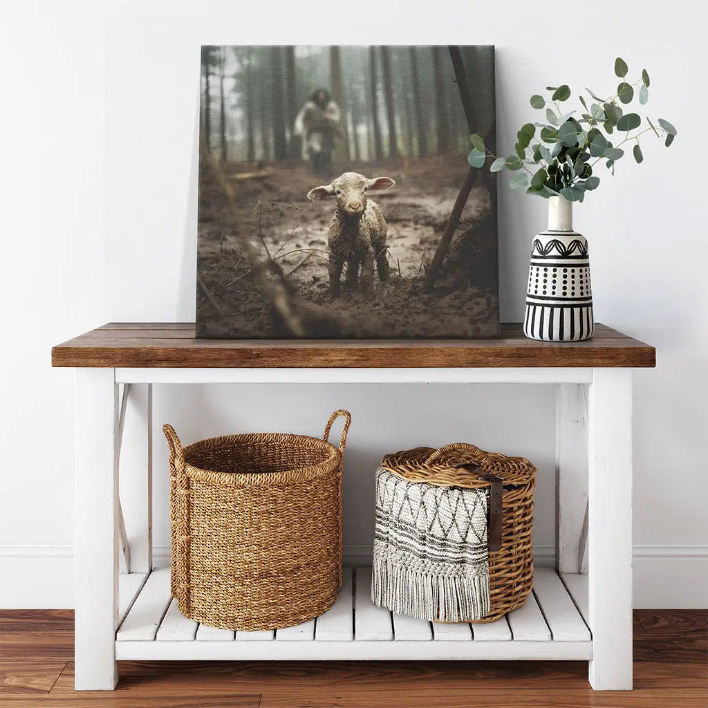 Inspirational canvas of Jesus and sheep, ideal religious gift for Christians, reflecting scripture and Jesus' love.