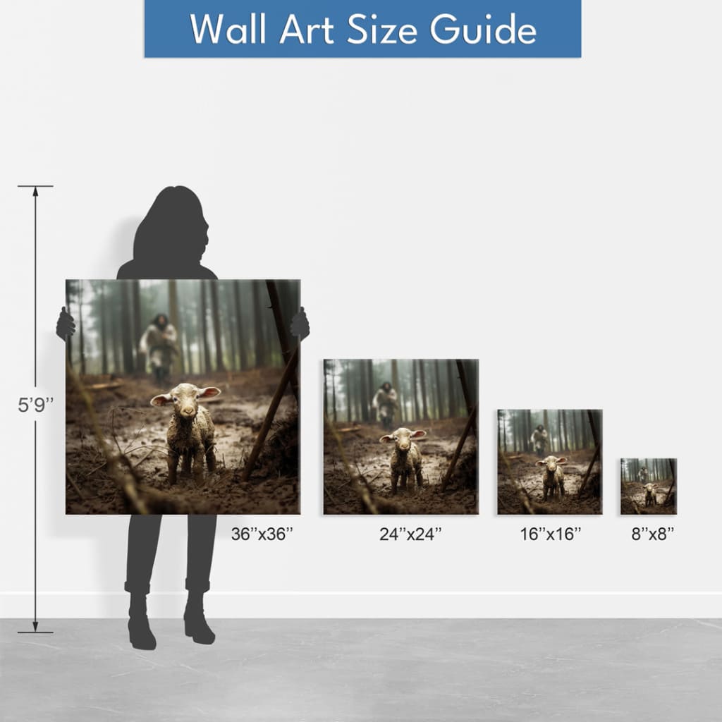 Jesus With The Sheep, Jesus Running After Lamb, Wall Art Canvas size guide