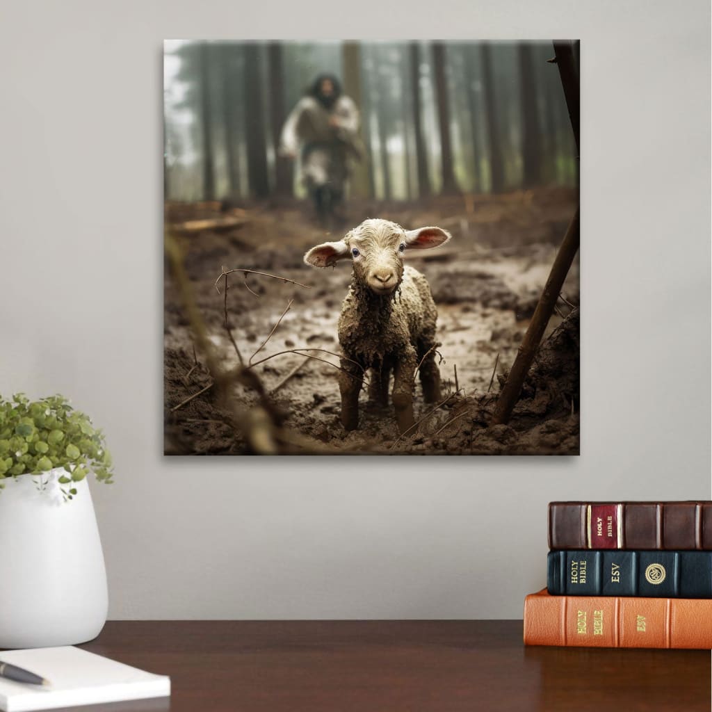 Jesus Running After the Lost Sheep, Jesus With the Sheep, Wall Art Canvas Print
