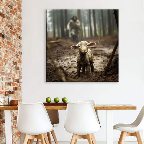 Christian wall art of Jesus with sheep, running after a lamb, a perfect faith-based gift for home decor.