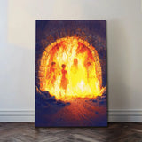 Christian wall art showing Jesus with Shadrach, Meshach, and Abednego in the fiery furnace.
