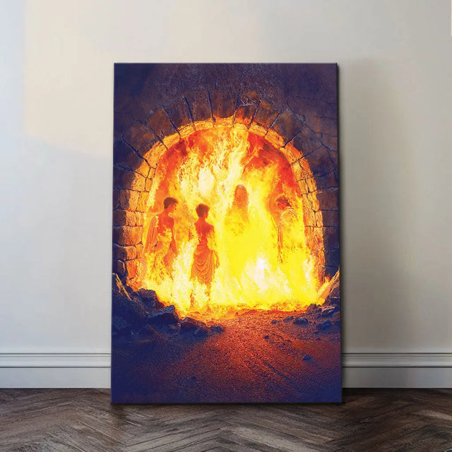 Christian wall art showing Jesus with Shadrach, Meshach, and Abednego in the fiery furnace.
