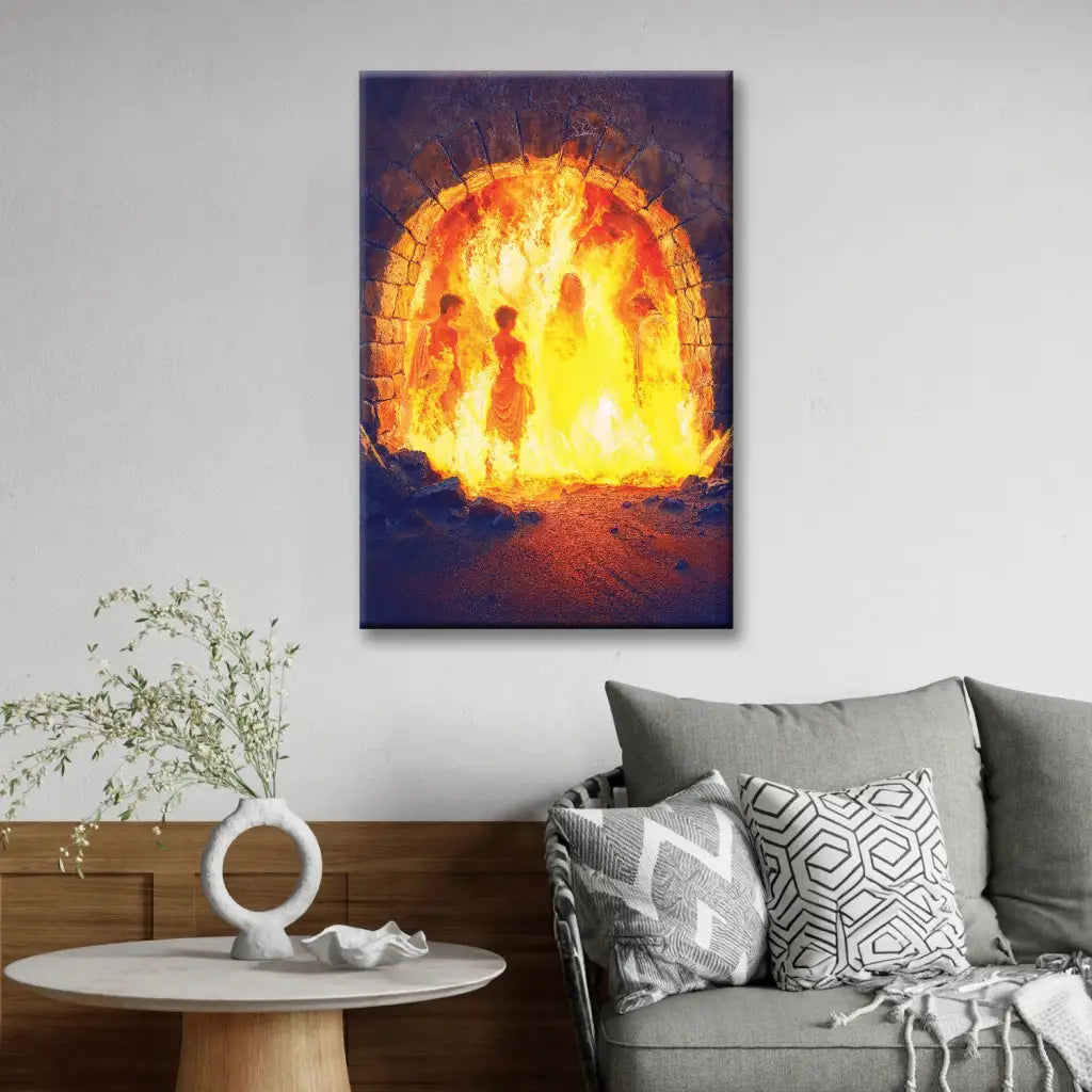 Faith-filled canvas art showing Jesus with the three Hebrew children in the furnace.
