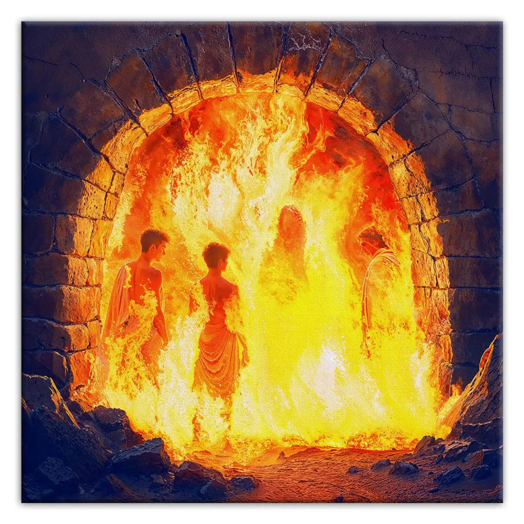 Bible story canvas art of Jesus protecting the three Hebrew children in the furnace.