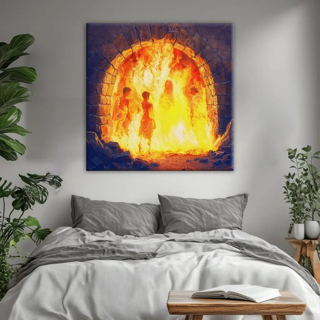 Inspiring Christian art depicting Shadrach, Meshach, Abednego, and Jesus in the fire.
