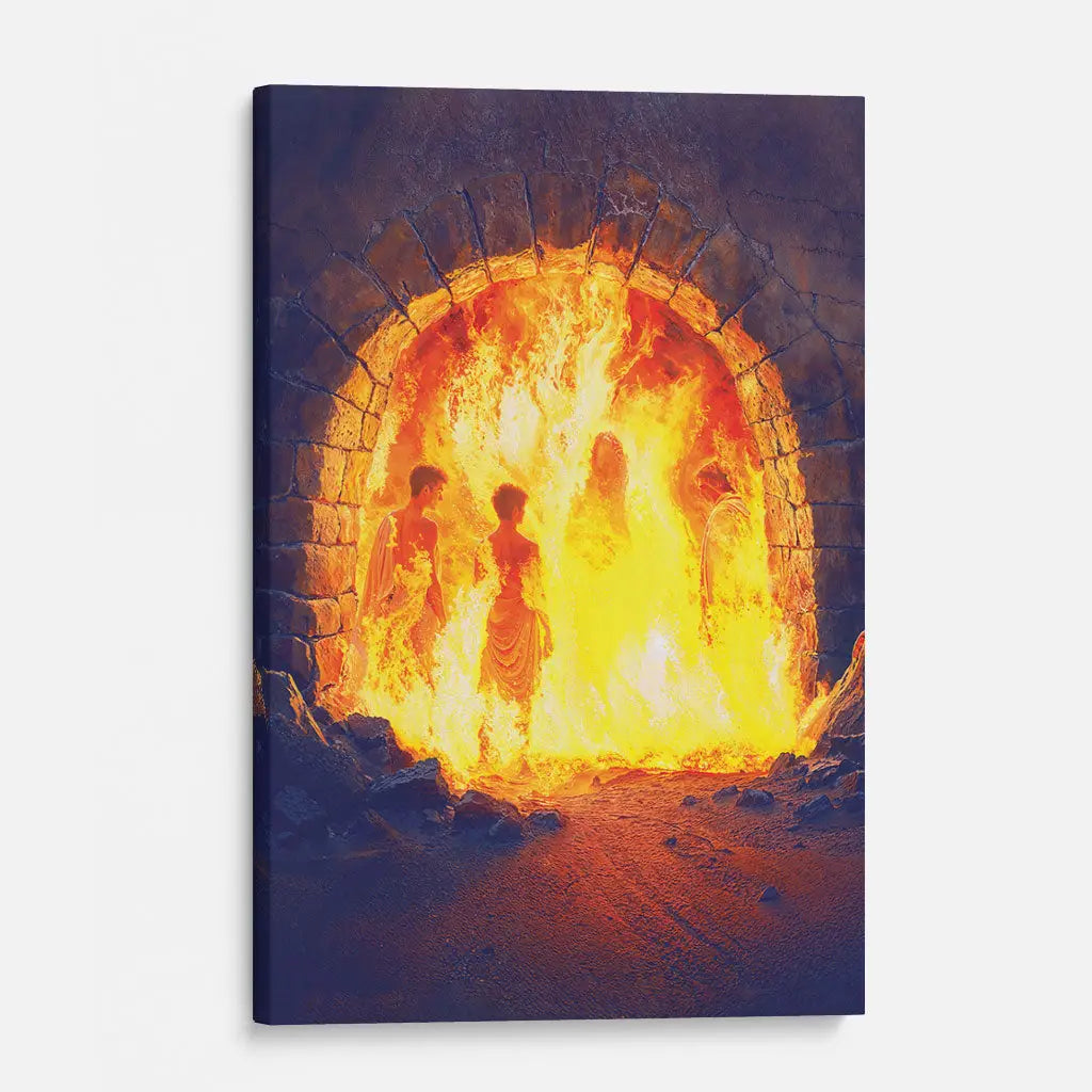 Inspirational artwork of Jesus protecting Shadrach, Meshach, and Abednego.