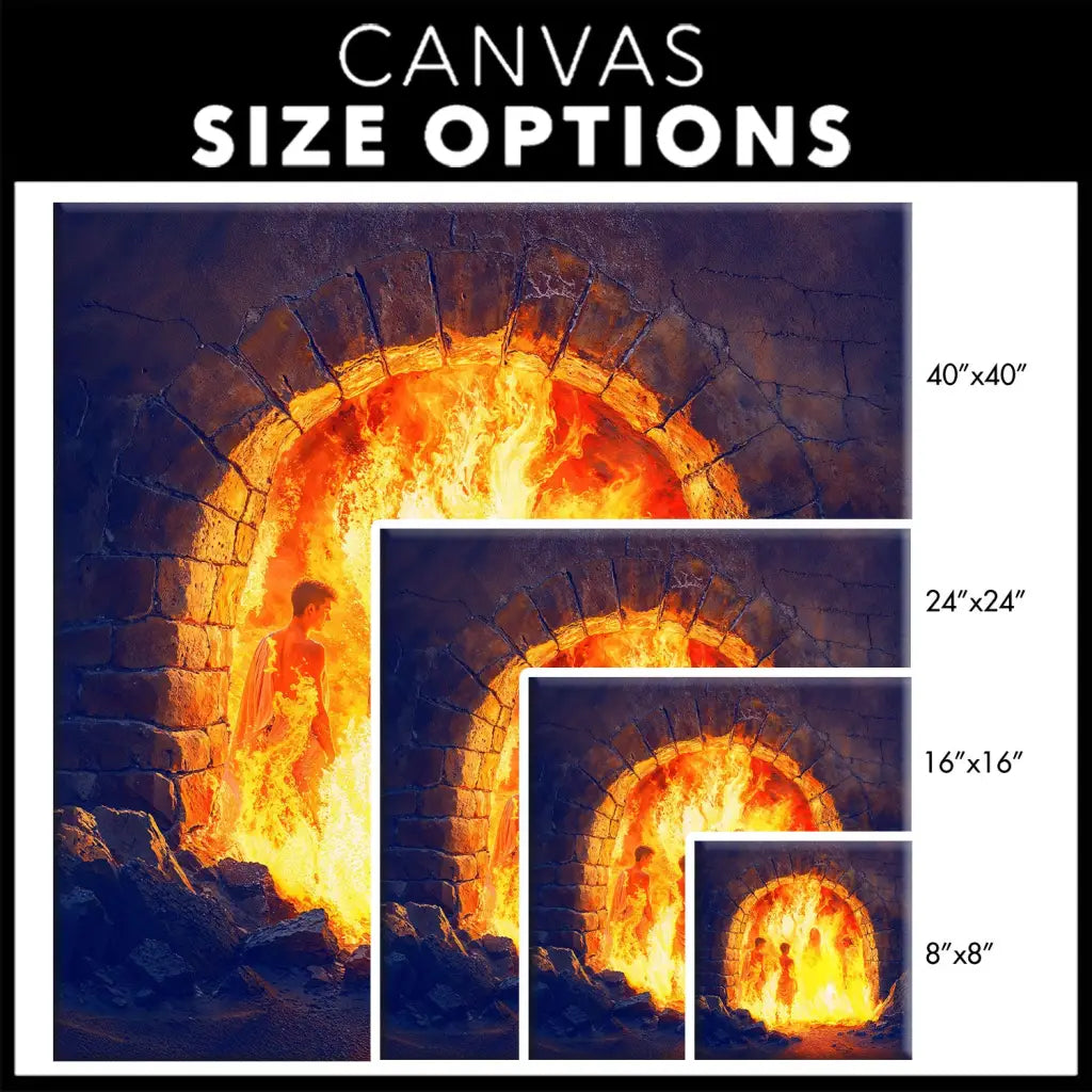 Jesus With The Three Hebrew Children in the Furnace Wall Art Canvas size options.