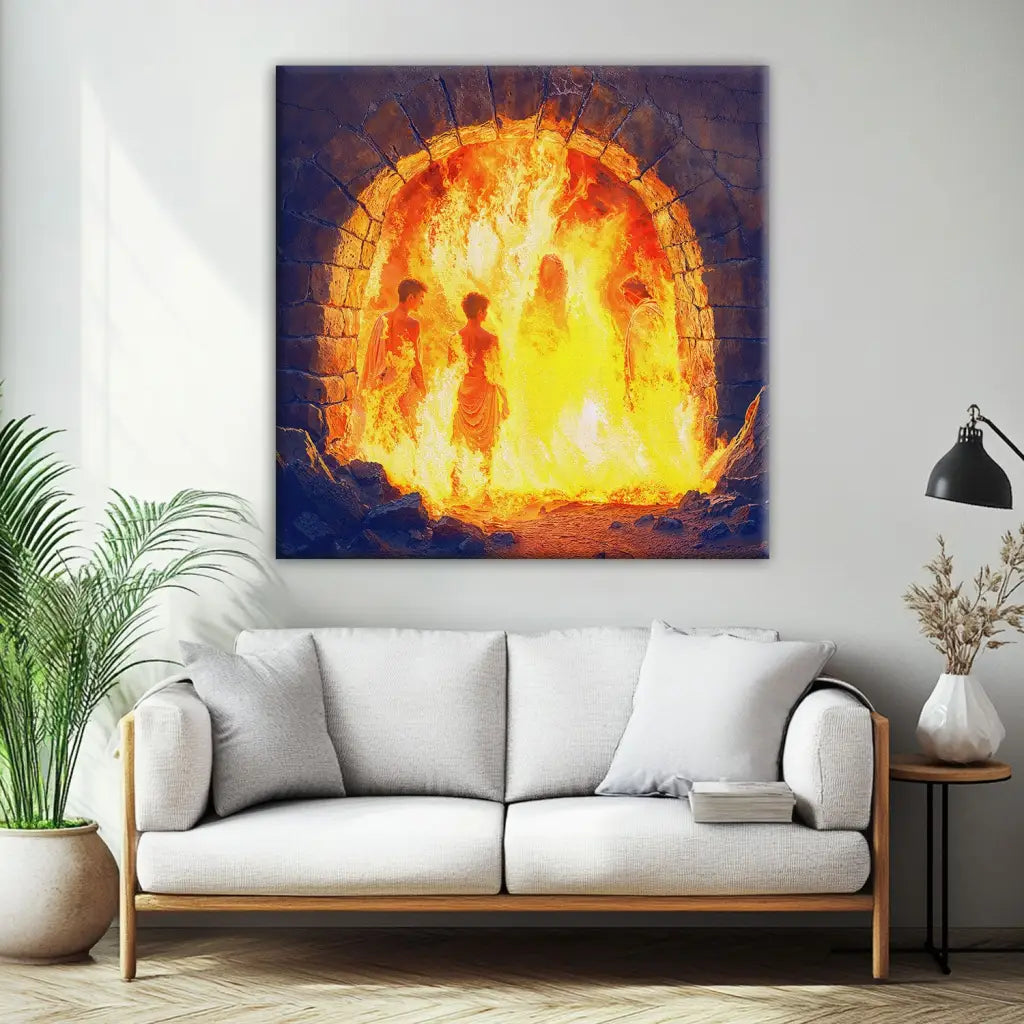 Christian canvas art of Jesus and the three Hebrew children in the furnace, Christian artwork / Square.