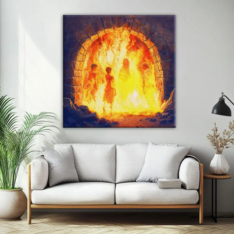Christian canvas art of Jesus and the three Hebrew children in the furnace, Christian artwork / Square.