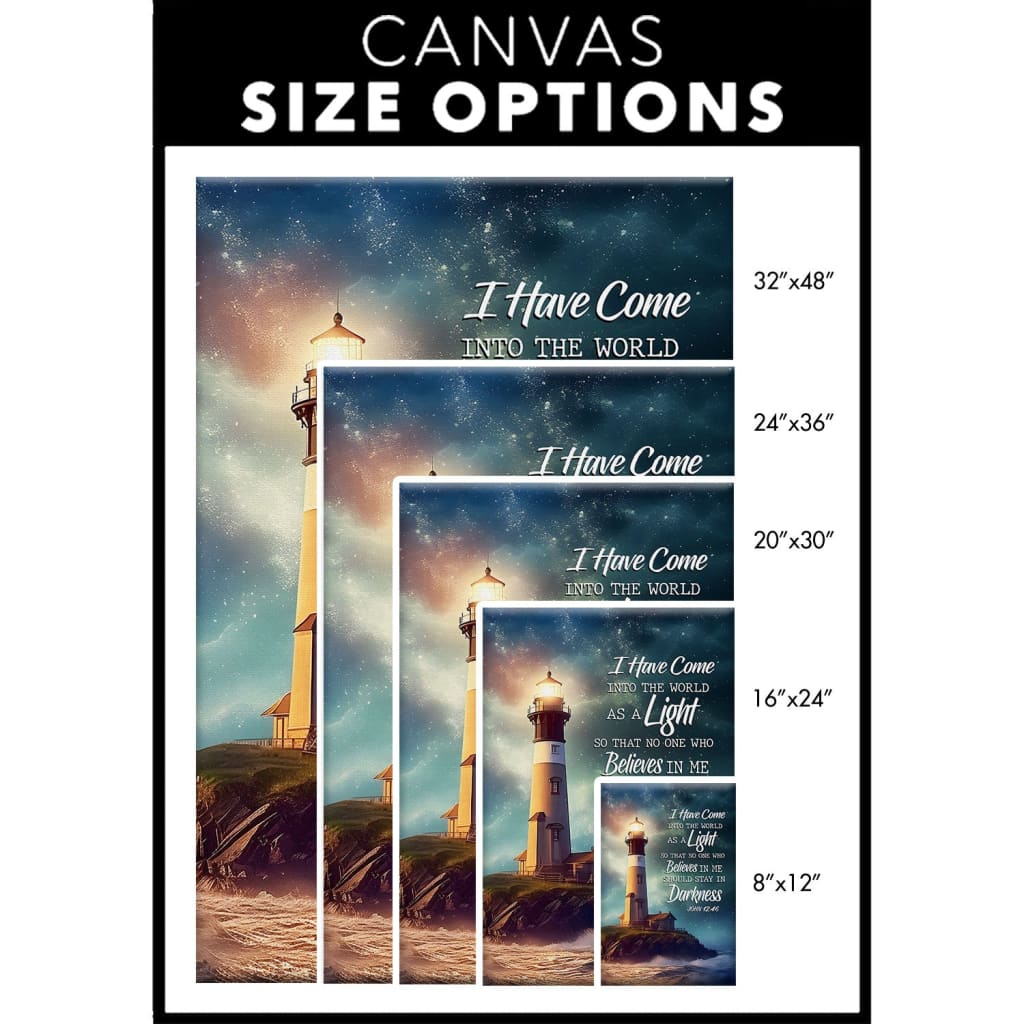 Religious wall art canvas with John 12:46 and lighthouse, "I Have Come Into the World as a Light," perfect for Christian homes.