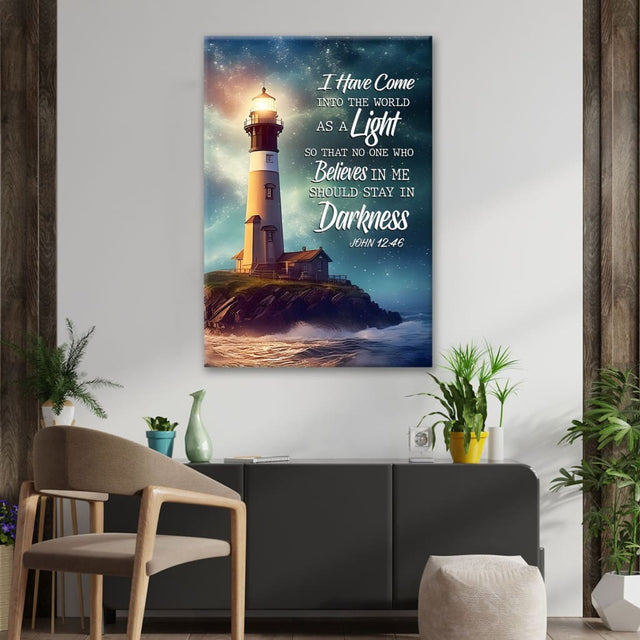 Christian wall art featuring John 12:46, "I Have Come Into the World as a Light," with lighthouse, perfect faith-based decor.