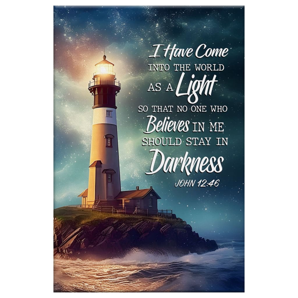 Faith-based wall art with John 12:46, "I Have Come Into the World as a Light," and lighthouse, great Christian decor.