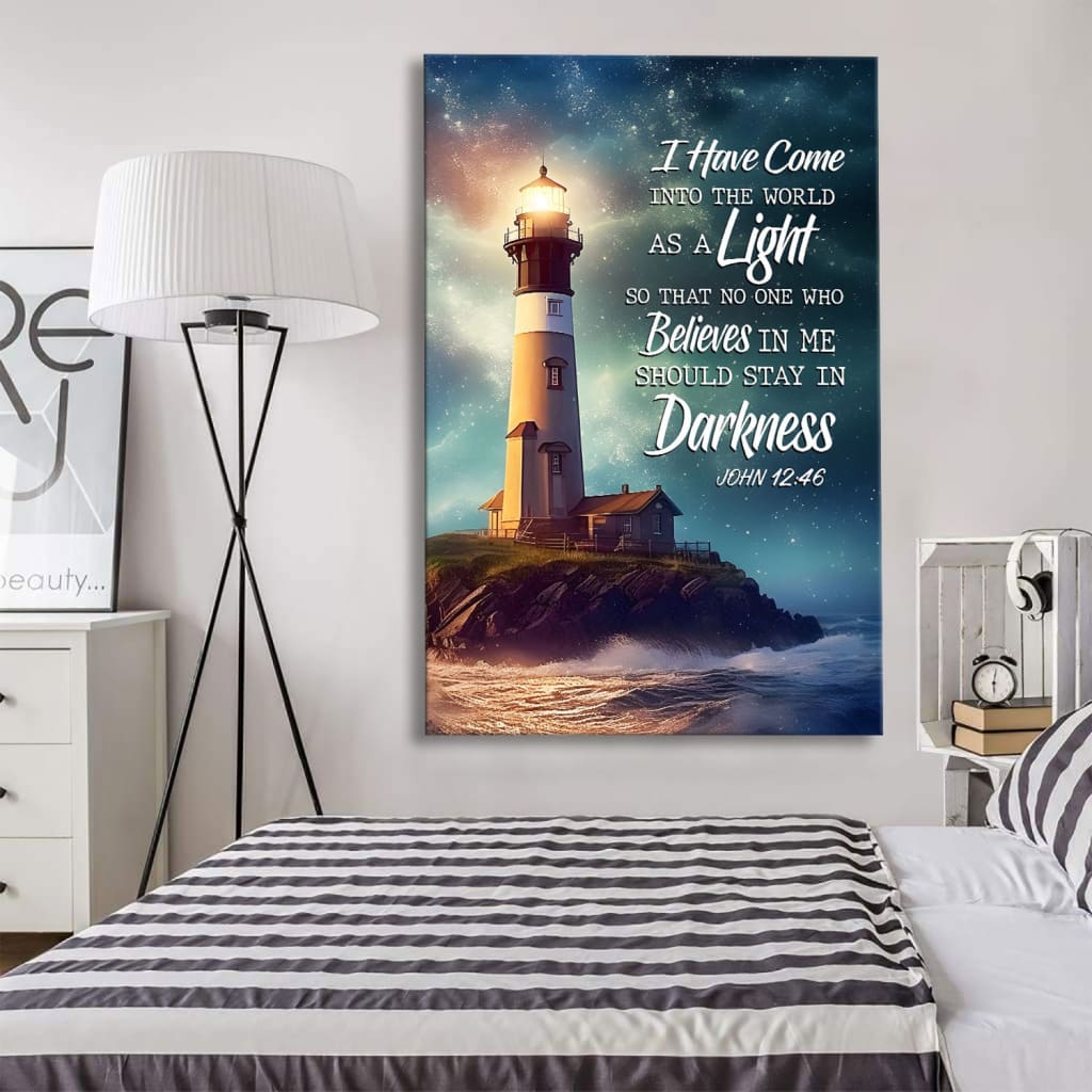 Inspirational canvas print with John 12:46 Bible verse and lighthouse design, ideal Christian gift for home decor.