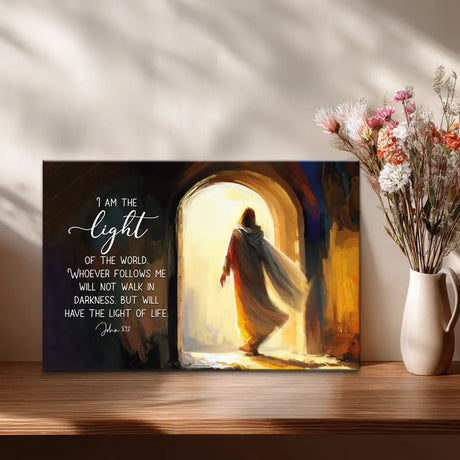 Christian wall art of Jesus emerging with John 8:12 scripture canvas print