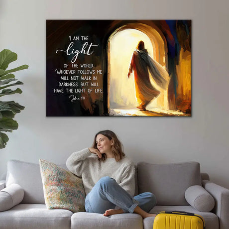 Jesus light of the world canvas wall art with John 8:12 Bible verse Christian decor
