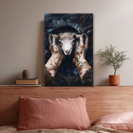 Jesus rescues lost sheep artwork, Christian gift idea, faith-based home decor with Scripture theme.