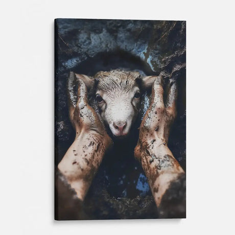 Faith-based Christian wall art, Jesus saving lamb image, inspirational religious gift canvas.
