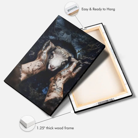 Bible verse wall art with Jesus rescuing a lost sheep, Christian inspirational gift and home decor.