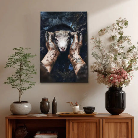 Jesus saves lost lamb in the mud, faith-based Christian home decor, inspirational Scripture gift.