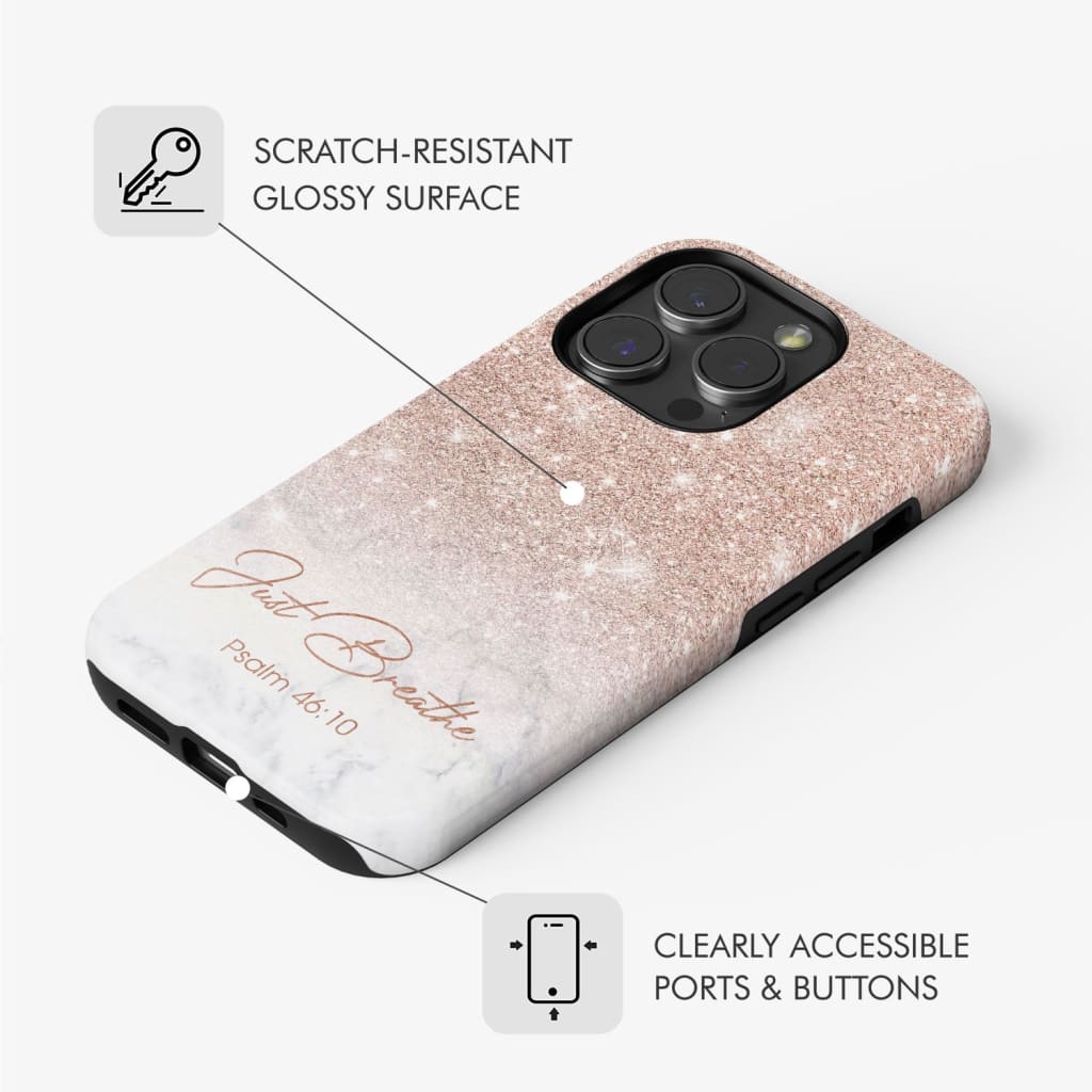Inspirational phone case featuring Psalm 46:10, &quot;Just Breathe,&quot; ideal for those seeking a calming and religious daily reminder.
