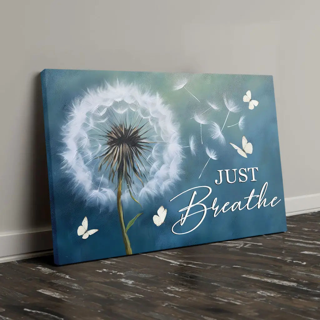 Christian wall art with Just Breathe message, faith-based gift for peace and encouragement during hard times.