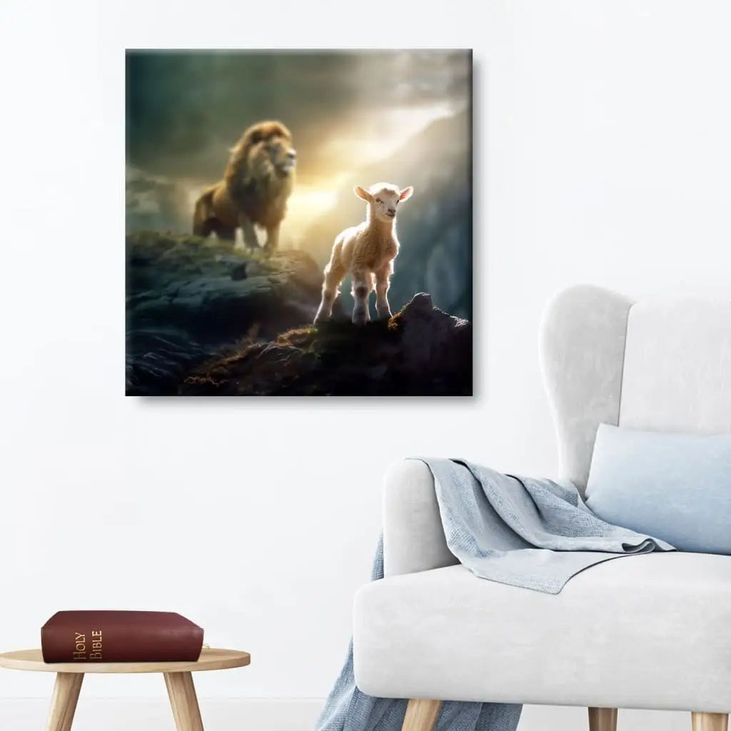 Lion And Lamb Canvas, Lamb is bold because Lion is near Christian wall art canvas