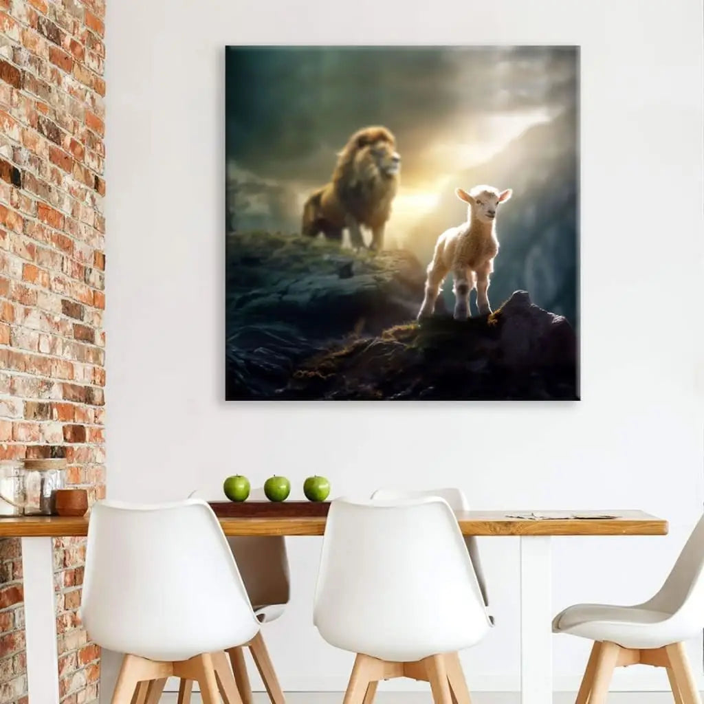 Christian canvas print with &quot;Lamb is Bold Because Lion is Near&quot; message, ideal inspirational wall decor for believers.