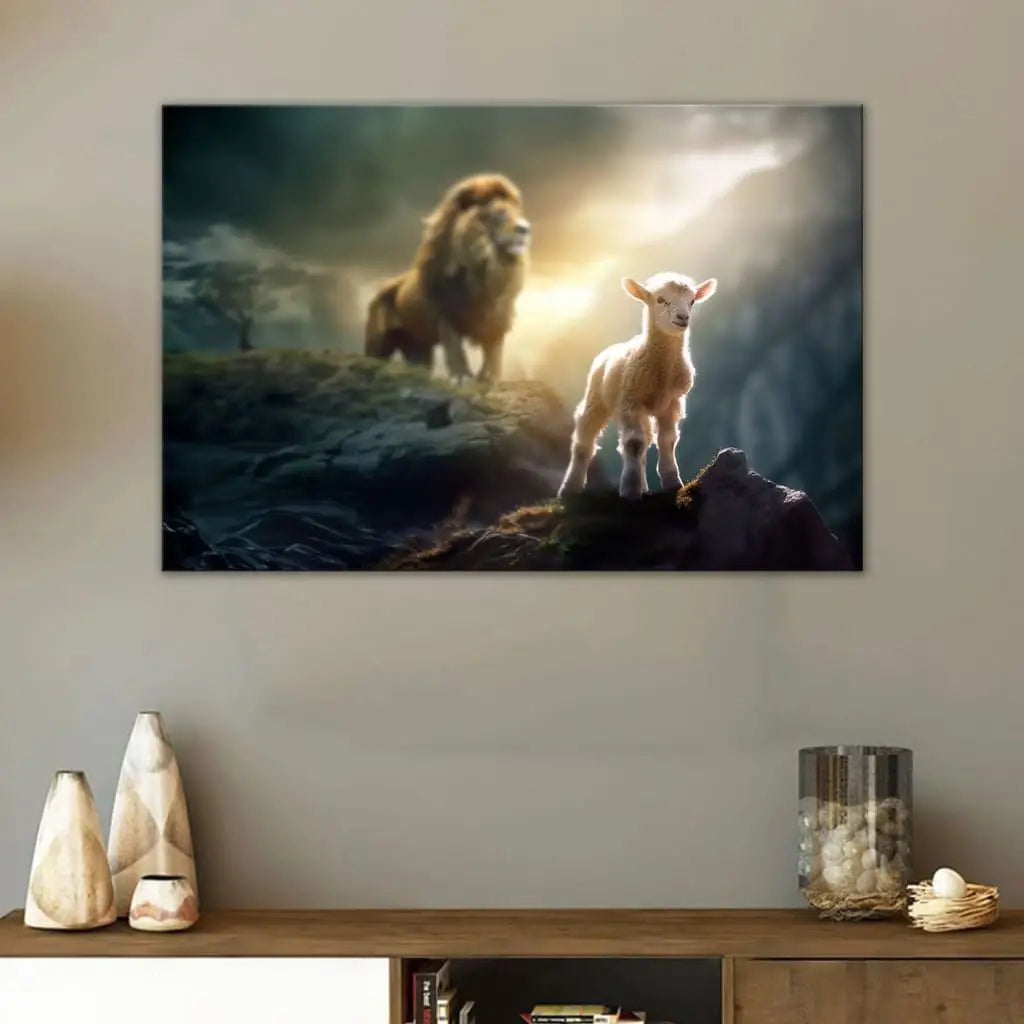 Inspirational Christian wall art canvas print featuring &quot;Lamb Is Bold Because Lion Is Near,&quot; perfect faith home decor for believers.