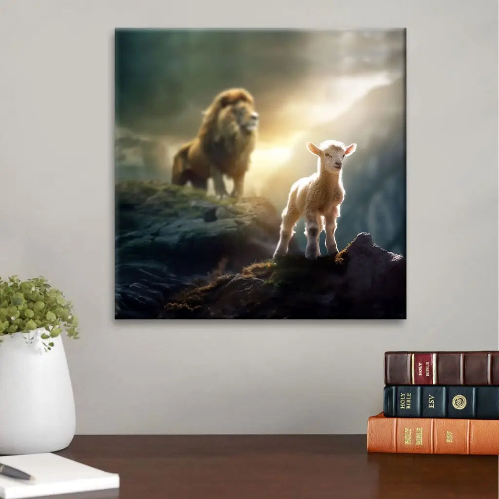 The Lion And Lamb, Lamb Is Bold Because Lion Is Near, Christian Wall Art Canvas