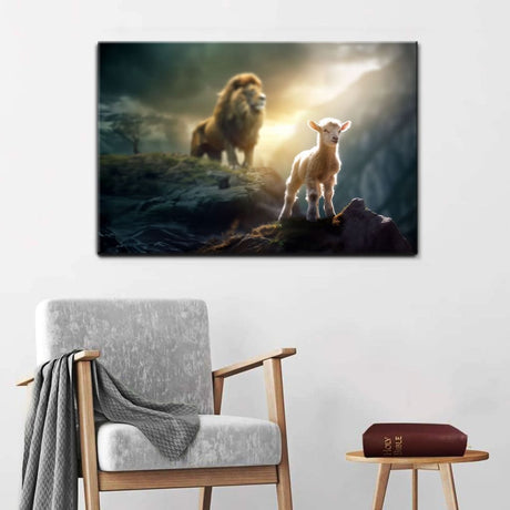 Faith-based wall art with "Lamb is Bold Because Lion is Near" message, great religious decor for Christian homes.