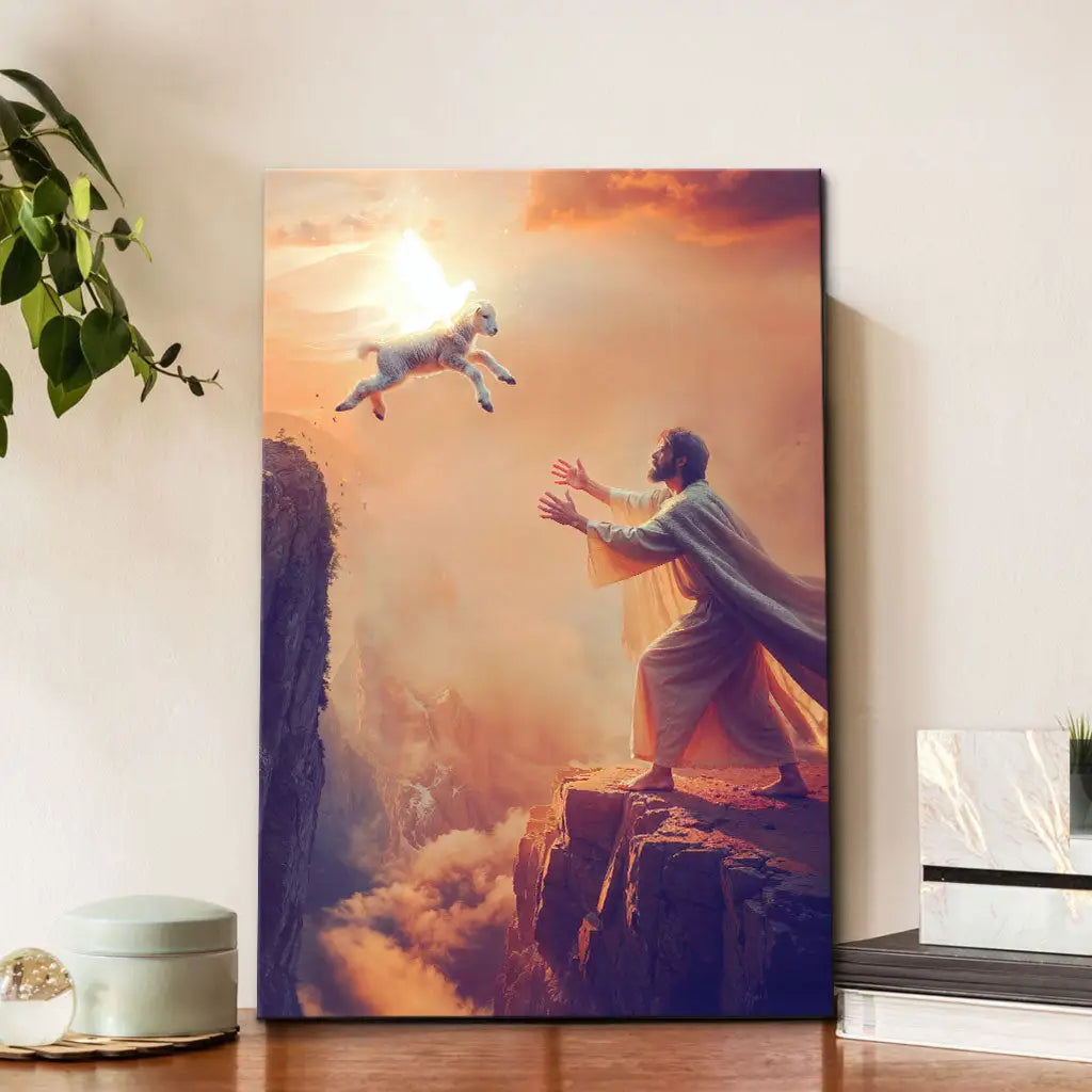 Christian wall art of lamb jumping to Jesus, faith-based canvas inspired by Luke 15, gift of comfort.